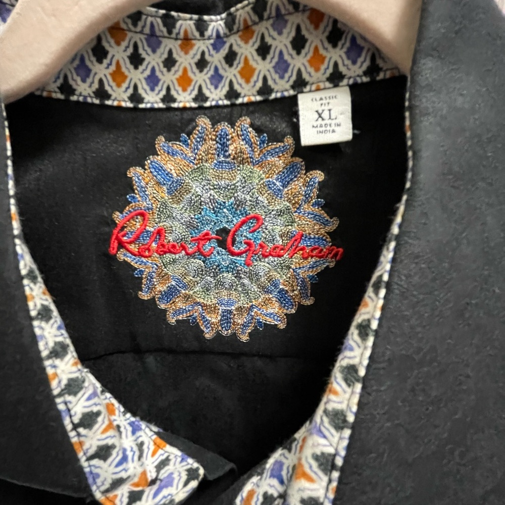 Robert Graham Black Button-Down with Multicolor Embroidered Medallion